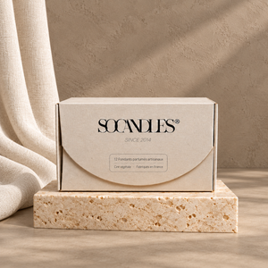 Coffret M SOCANDLES — 12 fondants, décor grège taupe et lin écru