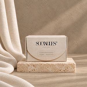 Coffret S SOCANDLES — 6 fondants, décor grège taupe et lin écru