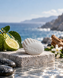 Fondant parfumé L’Homme SOCANDLES gris clair dans une ambiance marine et boisée