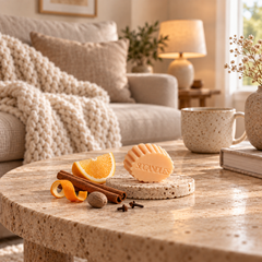 Fondant parfumé Orange Cannelle SOCANDLES sur travertin, orange et épices dans une ambiance cocooning.