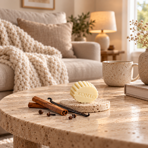 Fondant parfumé Vanille Cannelle SOCANDLES sur travertin, dans une ambiance cocooning.